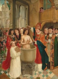 Mistr svatého Jiljí, Biskup Remigius křtí krále Chlodvíka I., ca 1500, olej, dřevěná deska, 61,5 × 45,5 cm, National Gallery of Art, Washington, D.C., USA.